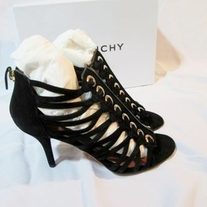 Givenchy Black Strappy Suede High-Heel Sandals with Gold Eyelets
